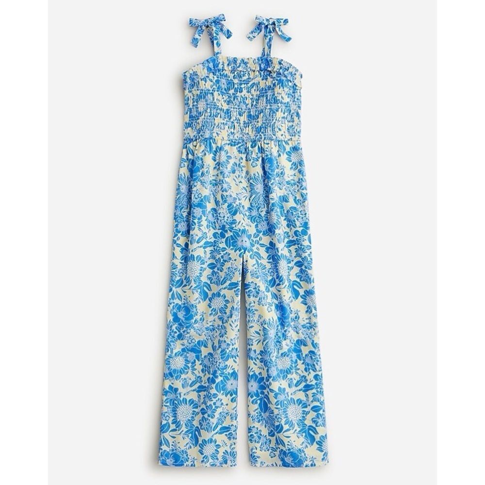 Crewcuts Blue Yellow Floral 100% Organic Cotton Tie Shoulder Jumpsuit Sz 7 Boho